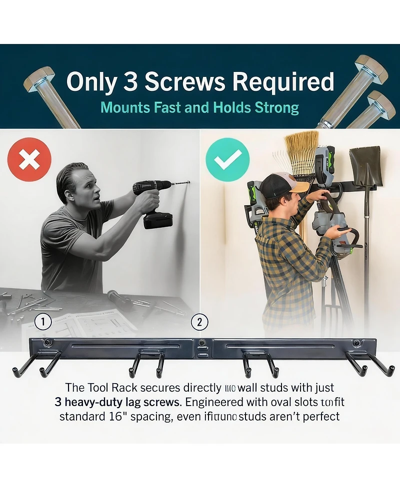 Yigii Wall-Mounted Garden Tool Rack - 4 Hooks, Heavy-Duty Steel, 250lb Capacity