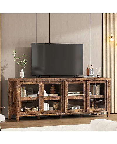 Gaomon 65 inch Tv Stand for 70" TVs, Entertainment Center with Storage Cabinet and 4 Sliding Glass Doors, Brown