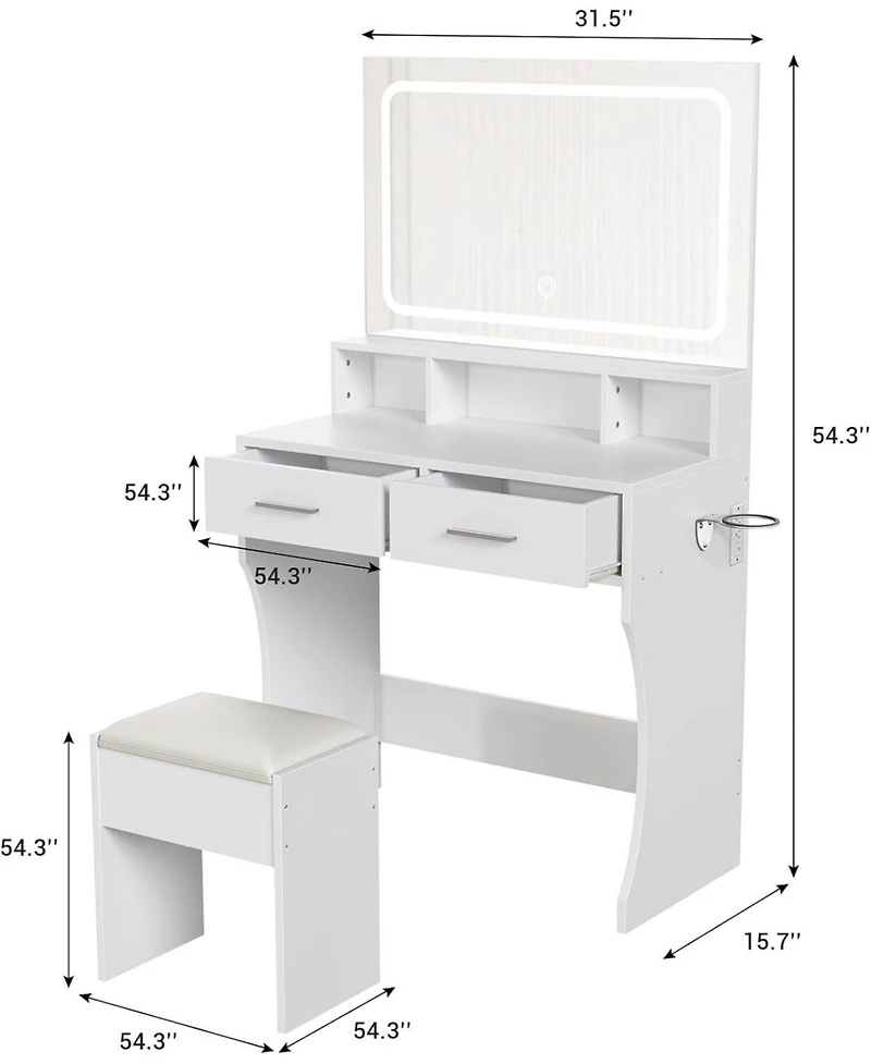 Gaomon White 2-Drawer Lighted Vanity Desk, Sleek Makeup Dressing Table for Bedrooms