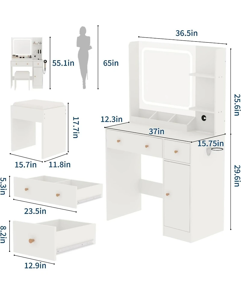 gaomon Lighted Vanity Desk Set, Bedroom Makeup Dressing Table with Matching Stool