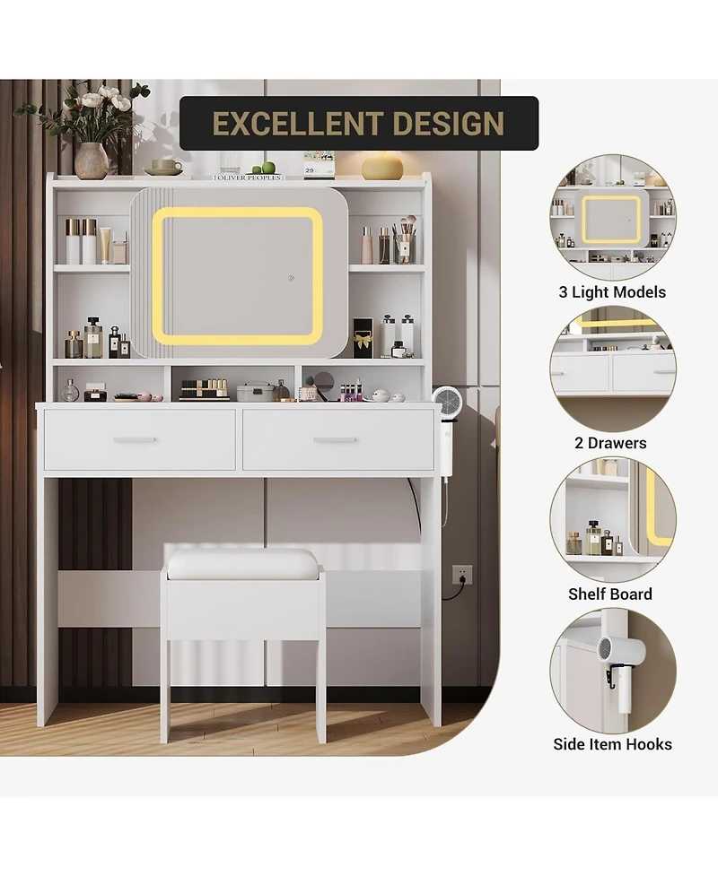 Gaomon White 2-Drawer Vanity Desk, Lighted Makeup Table with Charging Station & Storage Shelves