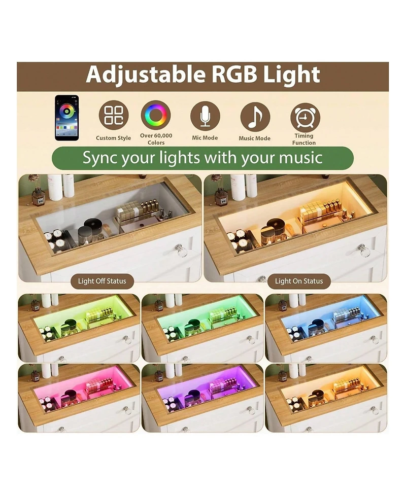 gaomon White 4-Drawer Led Nightstand Dresser, Visible Glass Top Bedside Cabinet with Night Light for Bedroom