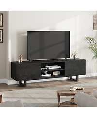 Industrial Tv Stand for 65+ inch TVs, Modern Entertainment Center with 2 Drawers, Wooden Media Cabinet, Black