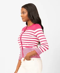Melissa Paige Petite Mixed Stripe Button Crewneck Cardigan Sweater