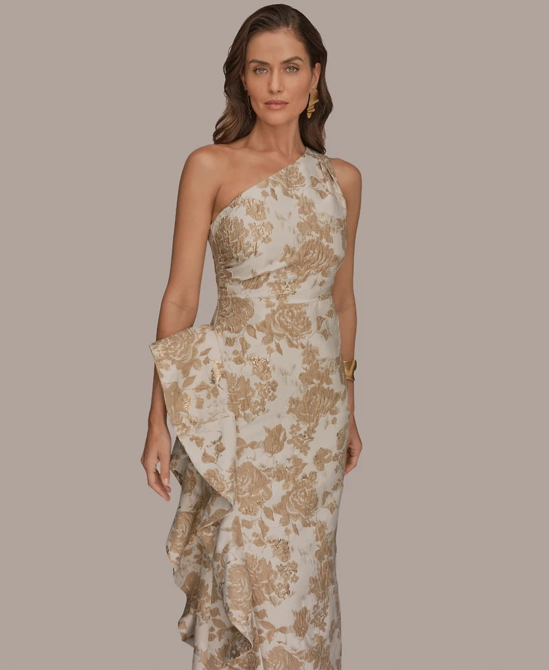 Donna Karan New York Women's One Shoulder Side Ruffle Gown