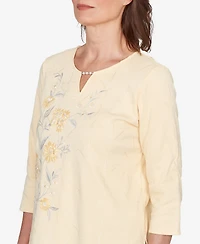 Alfred Dunner Petite Asymmetrical Floral Embroidered Split Neck Top