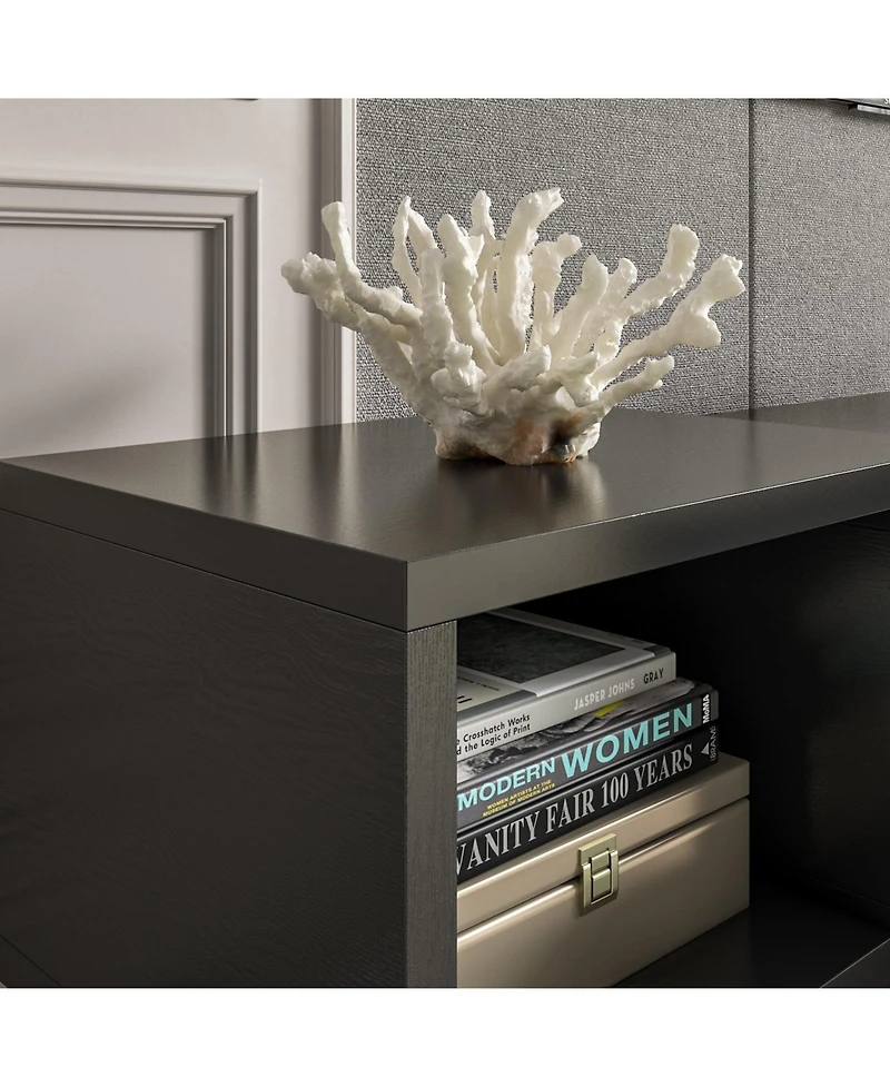 Tv stand with three drawers and two cabinet doors, media console with metal feet, wooden entertainment center