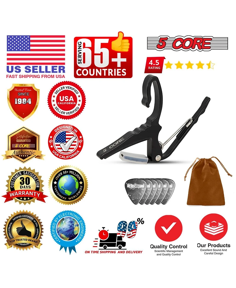 5 Core Guitar Capo Pair Quick Change Acoustic Electric String Clip Banjo Mandolin Or Ukulele Black