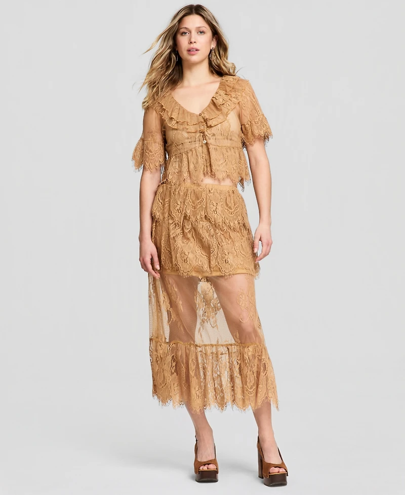And Now This Women's Lace Short-Sleeve V-Neck Ruffle Woven Top, Macy's Exclusive