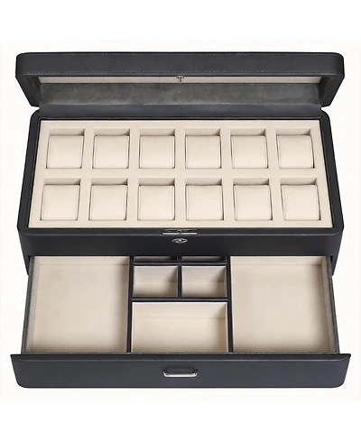 Yigii Luxury Watch Box - 12 Watches, Pu Leather, Glass Lid, Accessory Drawer