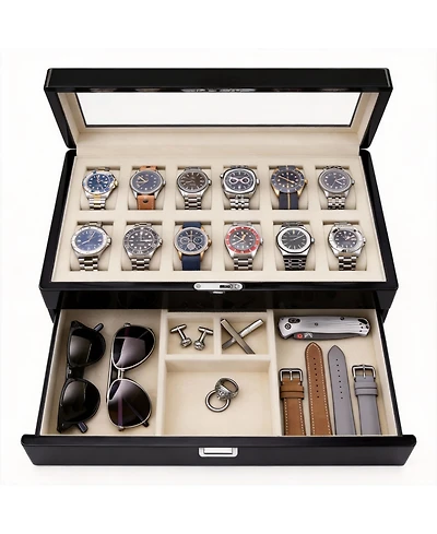 Yigii Luxury Watch Box - 12 Watches, Pu Leather, Glass Lid, Accessory Drawer