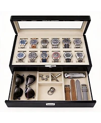 Yigii Luxury Watch Box - 12 Watches, Pu Leather, Glass Lid, Accessory Drawer