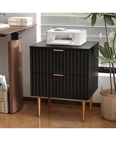 gaomon 2-Drawer Fluted Nightstand, Gold & Wood Bedside Table with Usb Ports & Outlets Charging Station