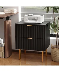 gaomon 2-Drawer Fluted Nightstand, Gold & Wood Bedside Table with Usb Ports & Outlets Charging Station