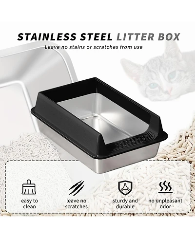 Aostirmotor Medium Stainless Steel Cat Litter Box Black, Anti-Rust & Odor Control Pan