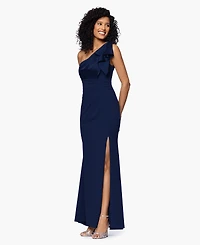 Betsy & Adam Petite Long Satin One Shoulder Ball Gown