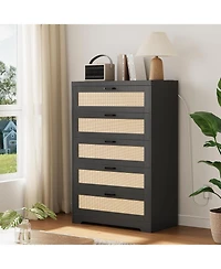 gaomon 5 Drawer Rattan Dresser for Bedroom Dresser with Power Outlets Wood Dresser Chest of Drawers with Metal Handles for Living Room Closet