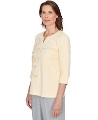Alfred Dunner Petite Asymmetrical Floral Embroidered Split Neck Top
