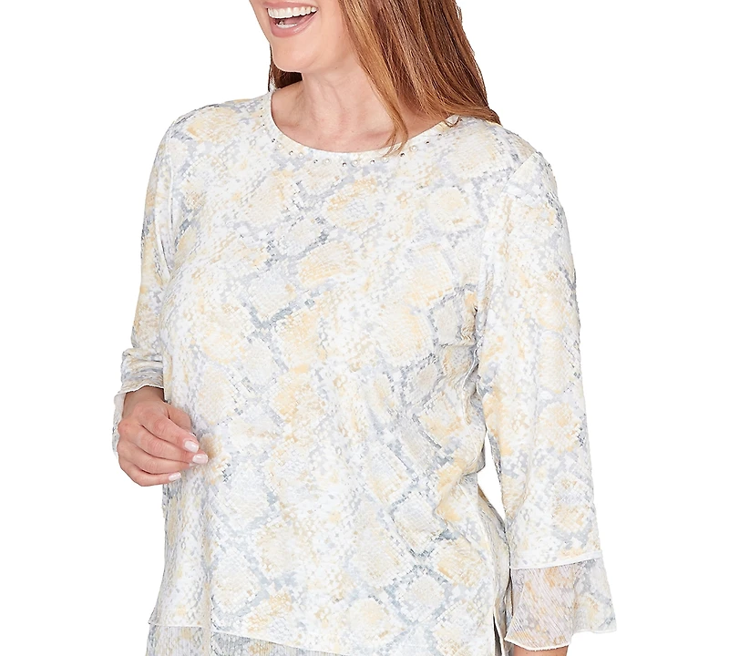 Alfred Dunner Petite Python Printed Knit Flutter-Sleeve Crewneck Top