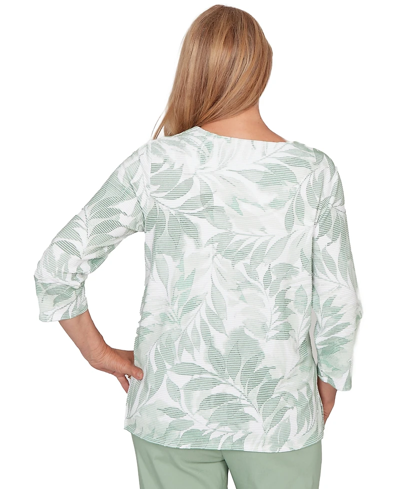 Alfred Dunner Petite Monotone Leaf Print Split Neck Top