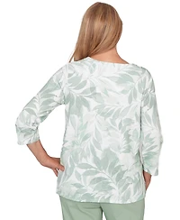 Alfred Dunner Petite Monotone Leaf Print Split Neck Top