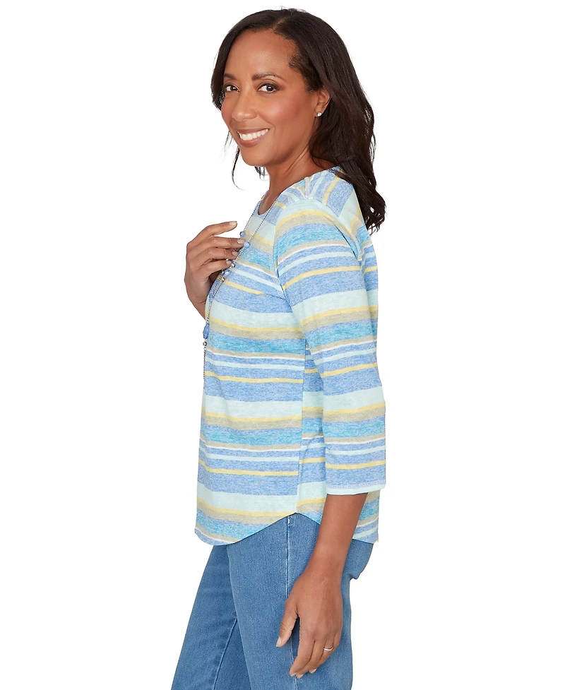 Alfred Dunner Petite Coastal Striped Jewel Neck Top