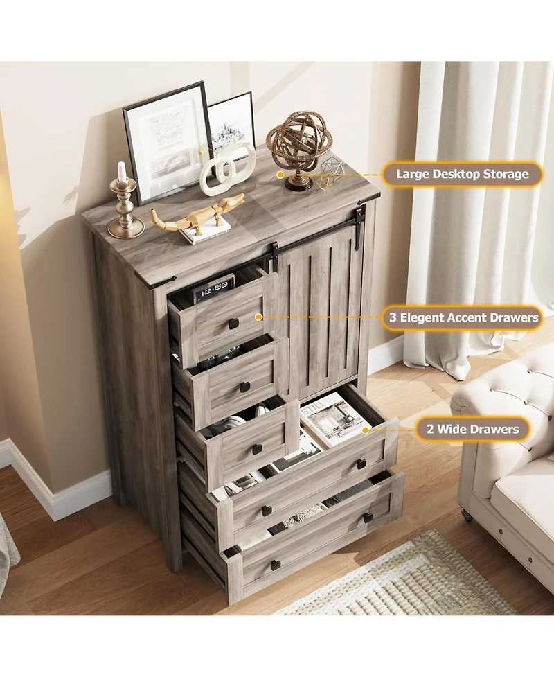 gaomon Farmhouse 5 Drawer Dresser for Bedroom, Wood Chest of with Sliding Barn Door, Adjustable Shelf