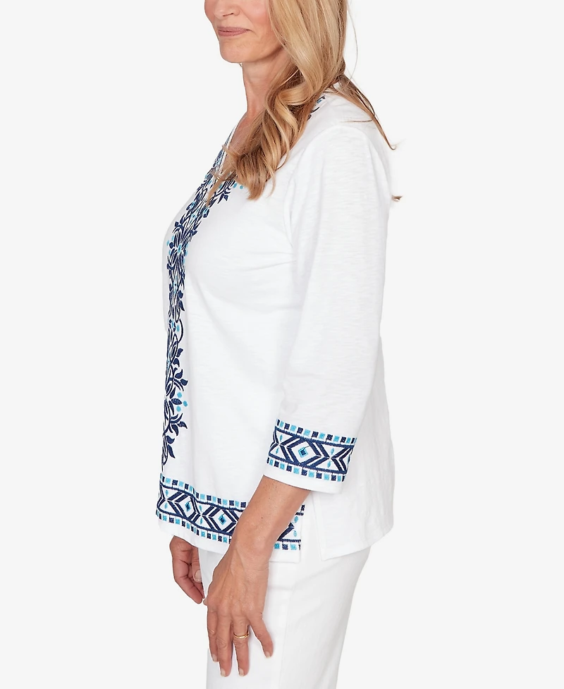 Alfred Dunner Petite Mykonos Scroll Embroidered V-Neck Top