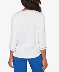 Alfred Dunner Petite The Royal Treatment Floral Butterfly Embroidered V-Neck Top