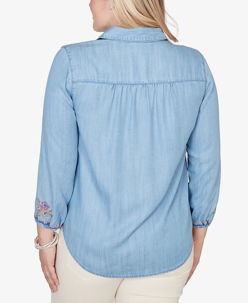 Alfred Dunner Petite Beachcomber Floral Embroidered Button Front Top