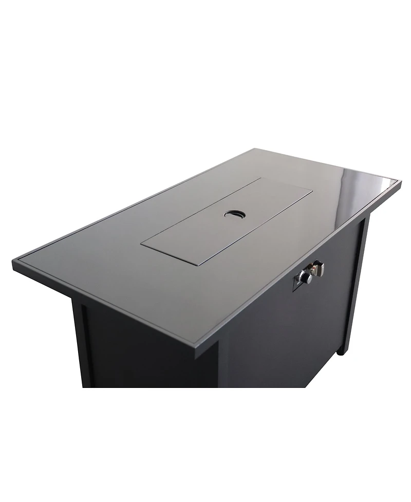 Flynama 43 Inch Smoked Glass Metal Rectangle Fire Pit Table Black 50000 Btu Push Button Ignition Stainless Steel Burning Area