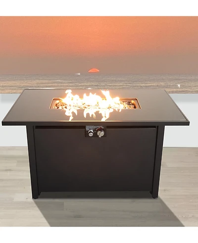 Flynama 43 Inch Smoked Glass Metal Rectangle Fire Pit Table Black 50000 Btu Push Button Ignition Stainless Steel Burning Area