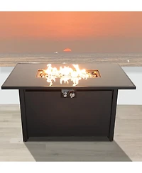 Flynama 43 Inch Smoked Glass Metal Rectangle Fire Pit Table Black 50000 Btu Push Button Ignition Stainless Steel Burning Area