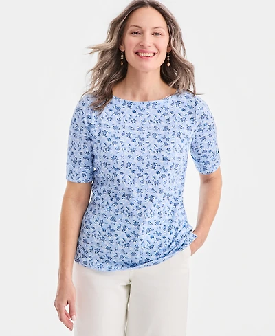 Style & Co Women's Printed Boat-Neck Elbow-Sleeve Top