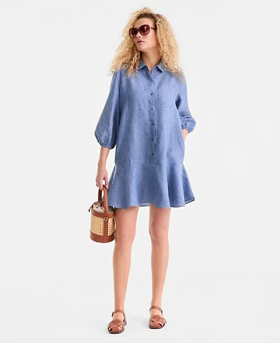 Charter Club Women's 100% Linen Flounce Shirtdress, Created for Macy's