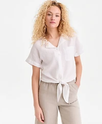 Charter Club Women's 100% Linen Tie-Front Shirt, Created for Macy's