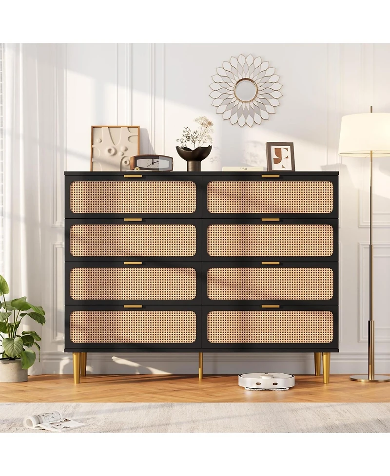 Gaomon Rattan 8 Drawer Dressers for Bedroom, Tall Dresser with Deep Drawers, Large Chest of Drawers Closet Wide Top