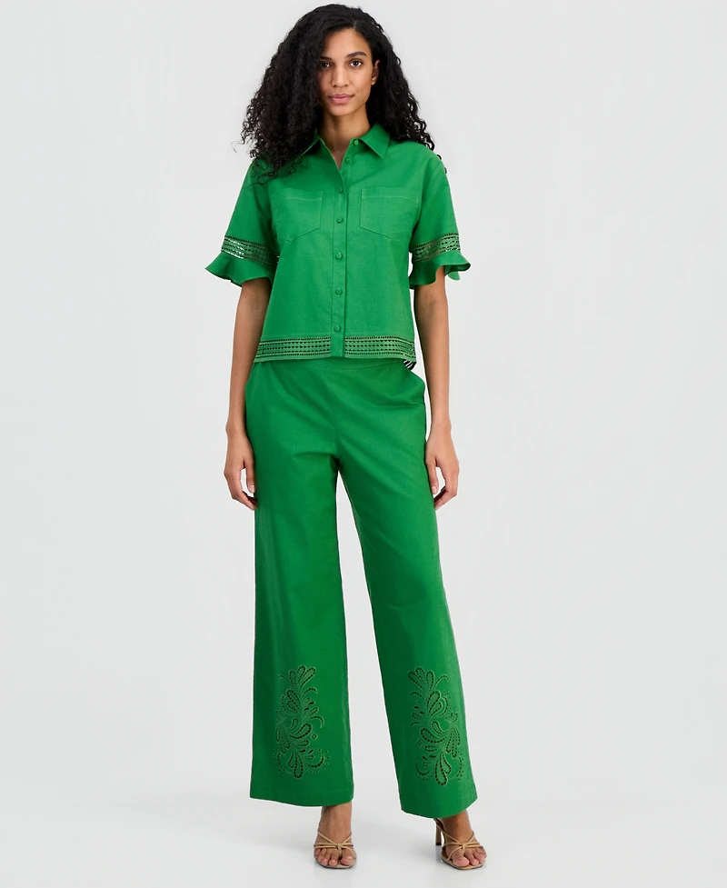 T Tahari Women's Open-Trim Ruffled-Cuff Blouse