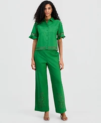 T Tahari Women's Open-Trim Ruffled-Cuff Blouse