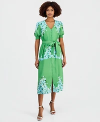 T Tahari Women's Belted Printed Button-Front Midi Dress