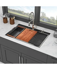 flynama 33x22x9inch Gunmetal Black Kitchen Sink Drop In Workstation Stainless Steel 16 Gauge