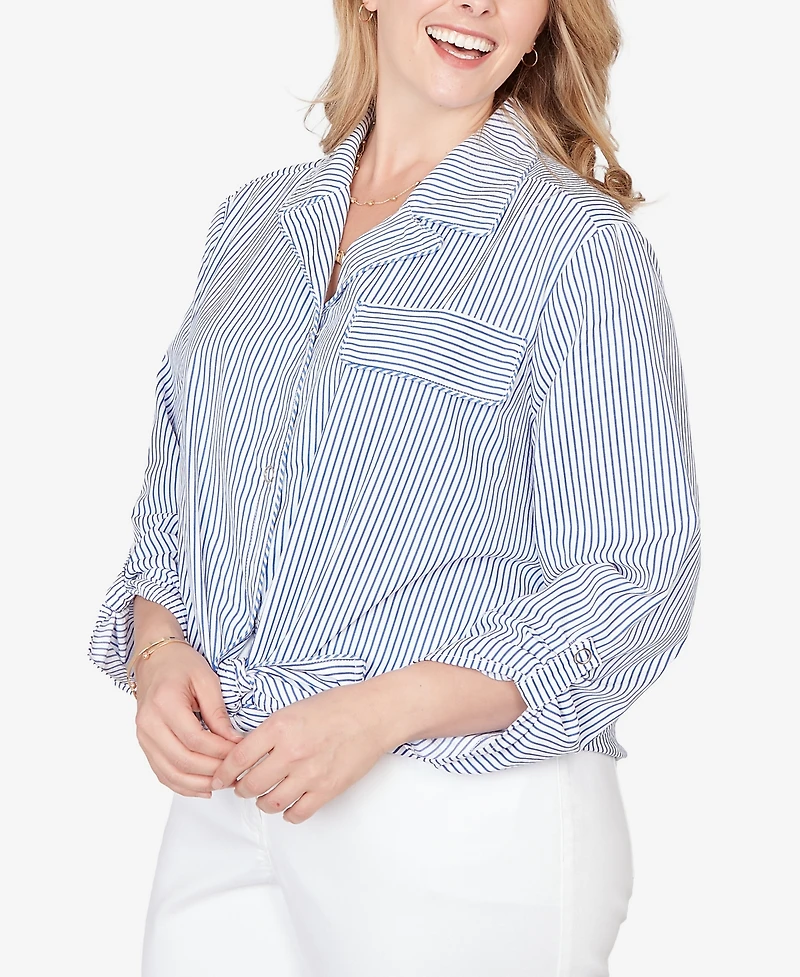 Ruby Rd. Plus Snap Front Tie Hem Pucker Stripe Top