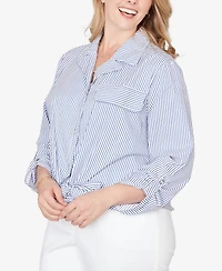 Ruby Rd. Plus Snap Front Tie Hem Pucker Stripe Top