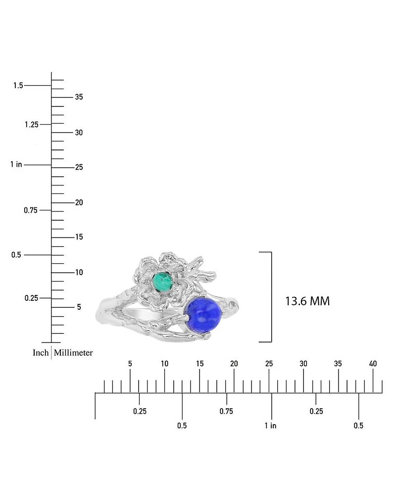 Macy's Malachite (0.14 ct. t.w.) and Lapis (5 mm) Flower Ring Rhodium Over Sterling Silver