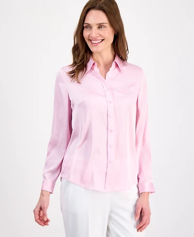 Kasper Women's Button-Front Long-Sleeve Collared Neck Blouse