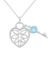 Macy's Swiss Blue Topaz (0.6 ct. t.w.) and White Sapphire (0.105 ct. t.w.) Heart and Key Pendant Necklace in Rhodium Over Sterling Silver