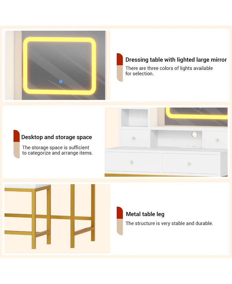 Gaomon White 4-Drawer Lighted Mirror Vanity, Practical Makeup Table for Bedroom Storage