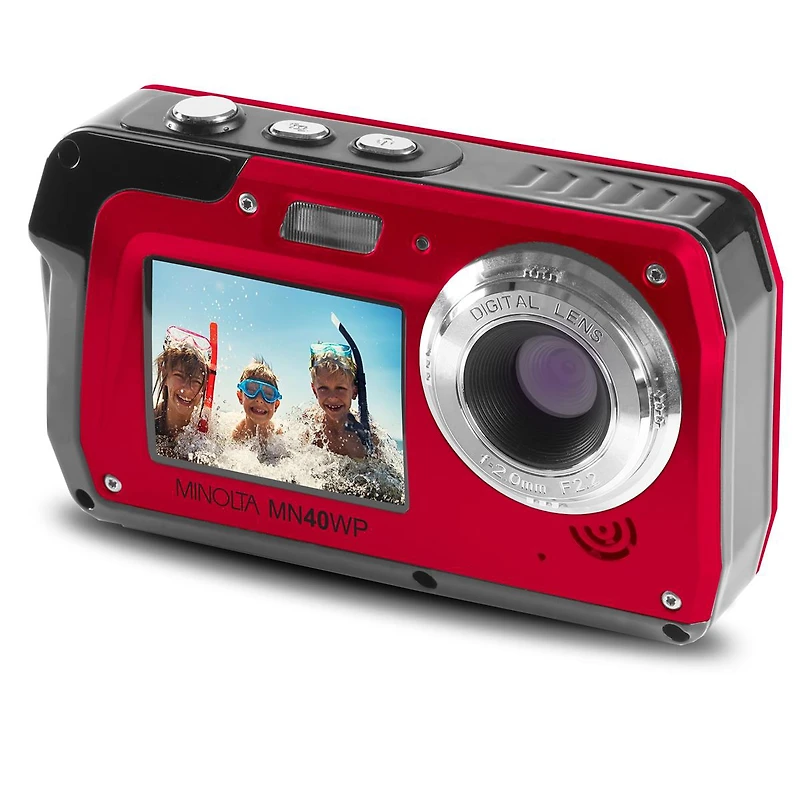 Minolta MN40WP 48MP Qhd Dual Lcd Screen Waterproof Camera, Red with accessory kit