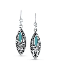 Bling Jewelry Southwest Style Blue Turquoise Marquise Leaf Feather Dangle Earrings Lever back Oxidized Sterling Silver