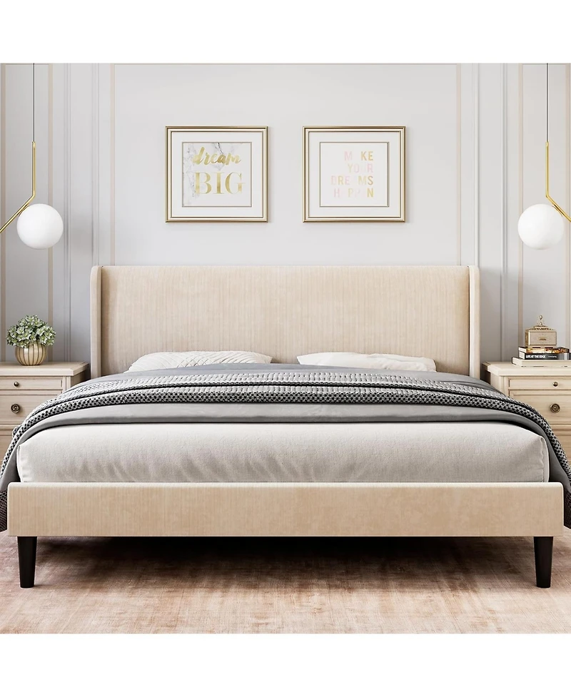 gaomon Assile Upholstered Bed Frame King with Wingback headboard, Platform Bed Frame with Headboard, Wood Slats Support, Noise Free